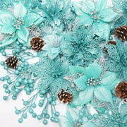 Ayieyill 56Pcs Poinsettia Christmas Flowers Decorations Christmas flower ornaments Artificial Glitter Berry Stems Christmas Pine Cones Christmas Tree Ornaments Set Christmas Tree Decorations (Green)